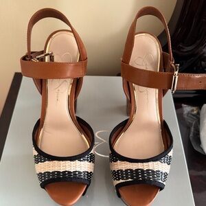 Jessica Simpson Brown and Black Woven Sandal Heels